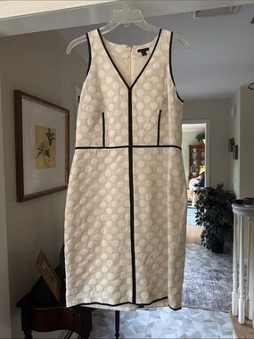 Ann Taylor Sleeveless Cream Polka Dot Sheath Dress with Black Trim